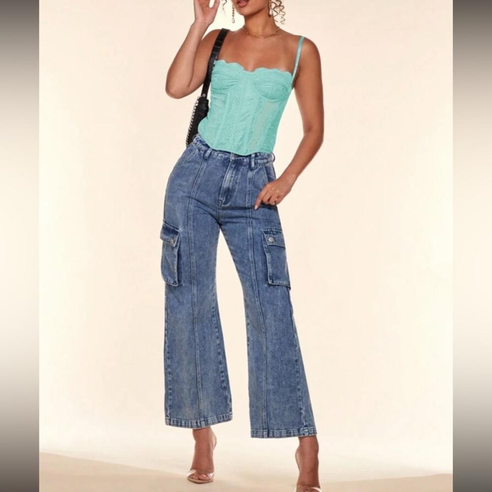 Luxe mint blue lace bustier corset cami crop top